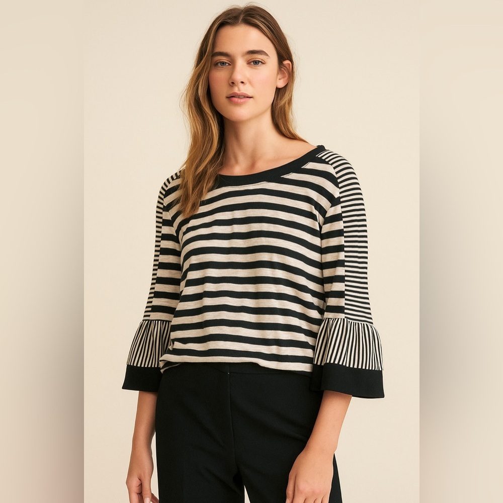 Kobi Halperin Size L  Black White‎ Stripped Finn Top 3/4 Bell Sleeve